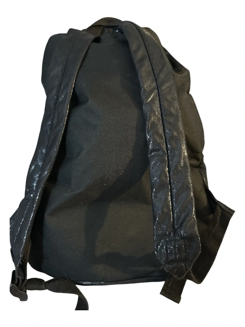 NWOT Beginning Boutique Black Shiny Leather Backpack silver acc pocket adjust